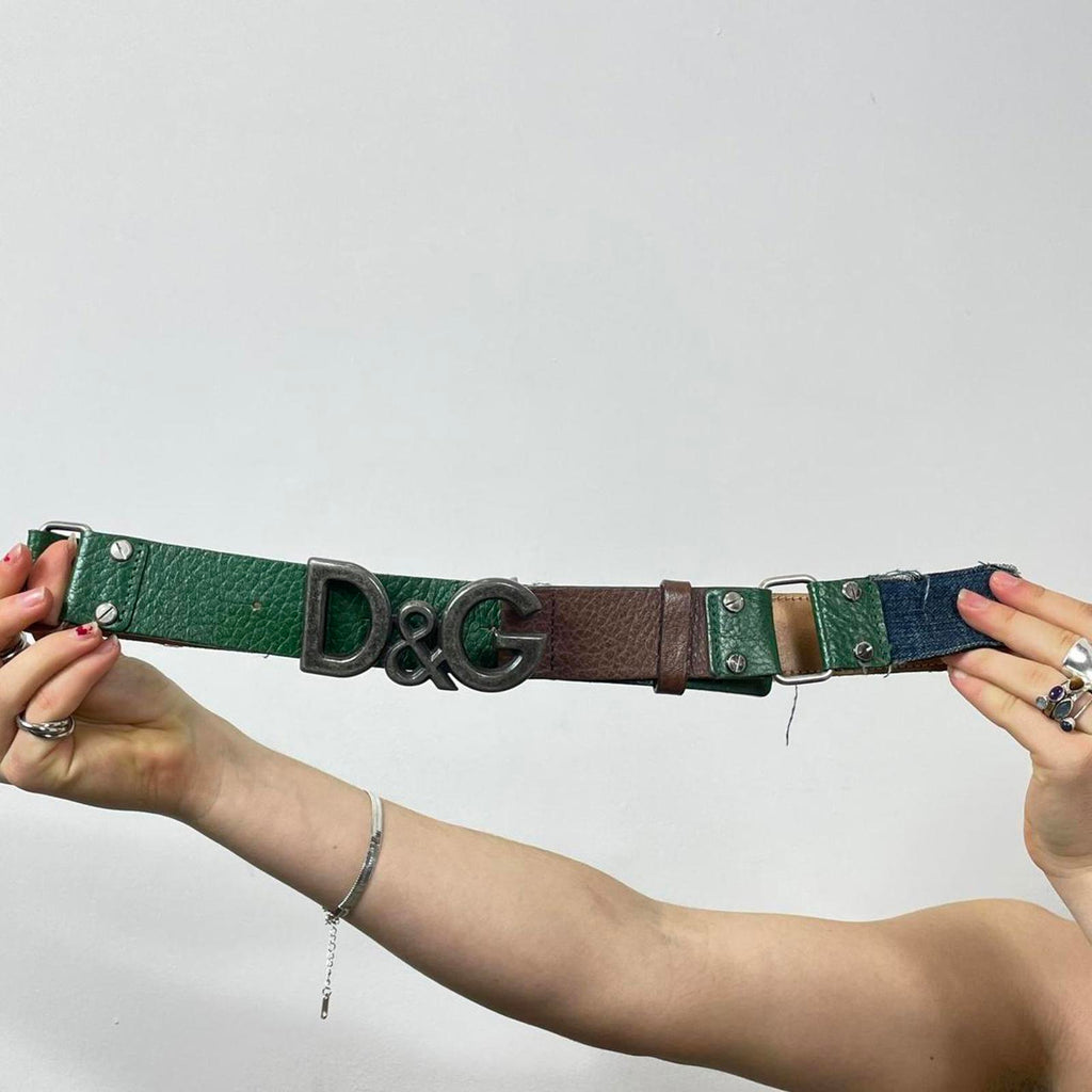 Dolce & Gabbana green and denim vintage silver buckle spell out belt