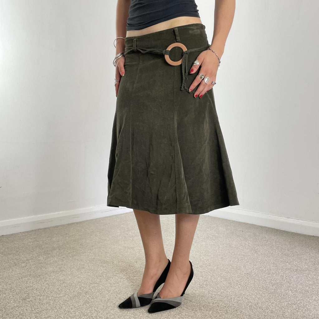 00's kahki cord midi skirt with a belt and wooden loop