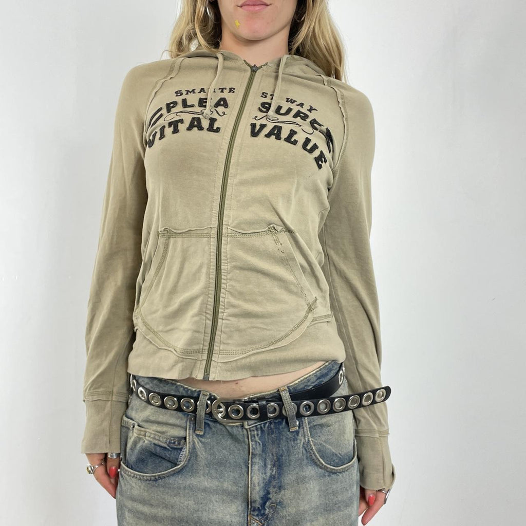 Graphic spell out khaki zip up jumper
