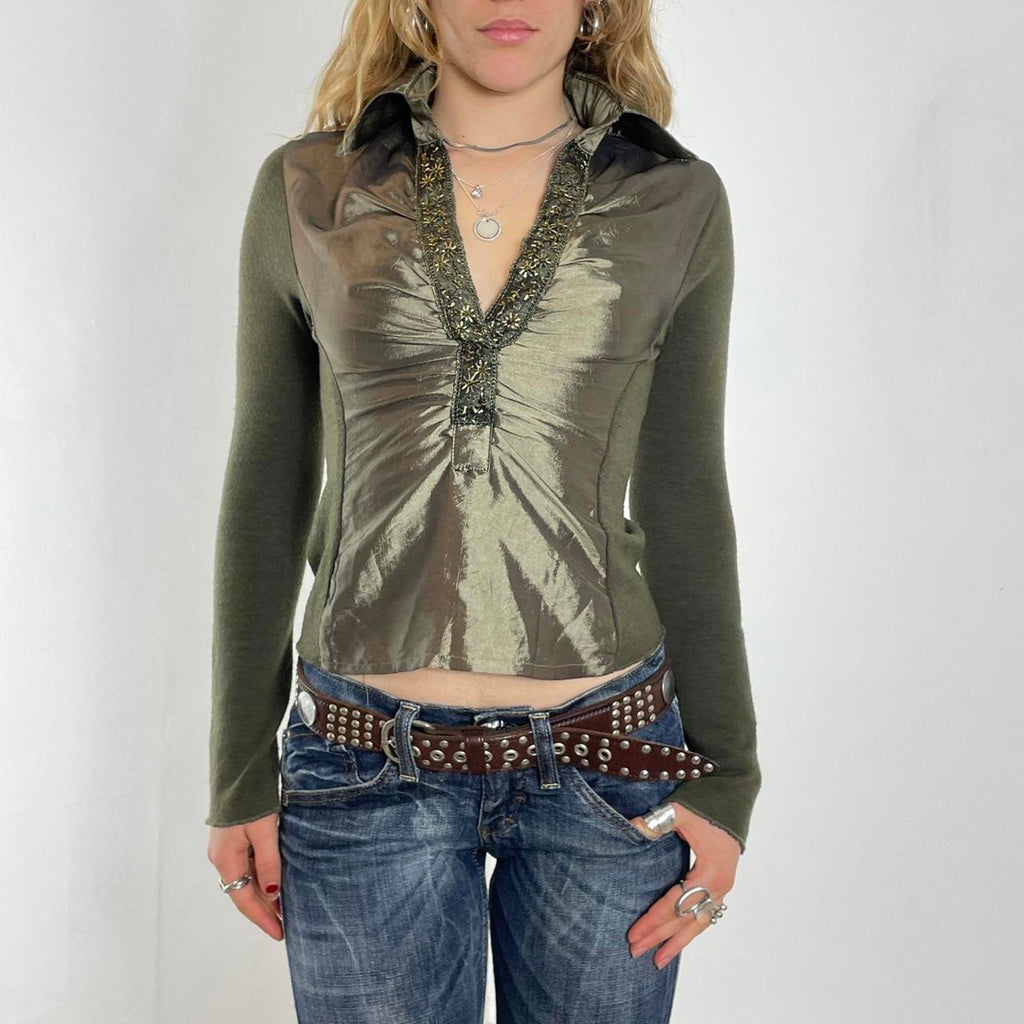 kahki green V - neck silky shirt with embroided details along the neck line and collar