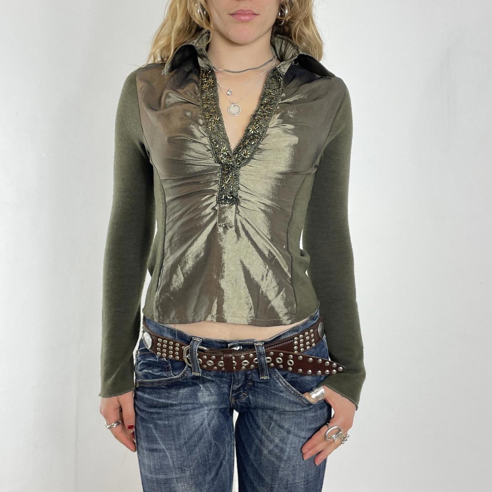 kahki green V - neck silky shirt with embroided details along the neck line and collar
