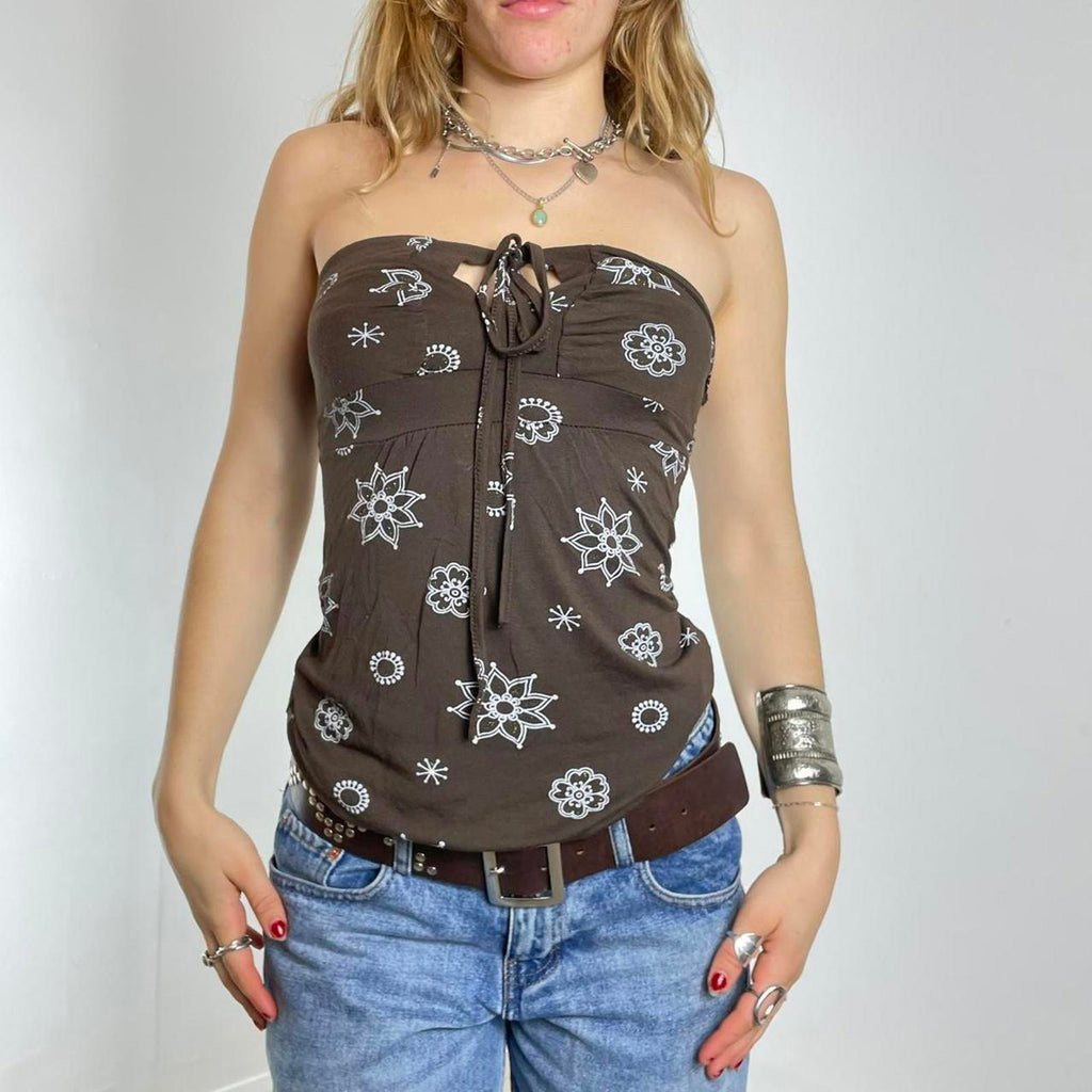 Y2k brown patterend cross/ tie up cammi top
