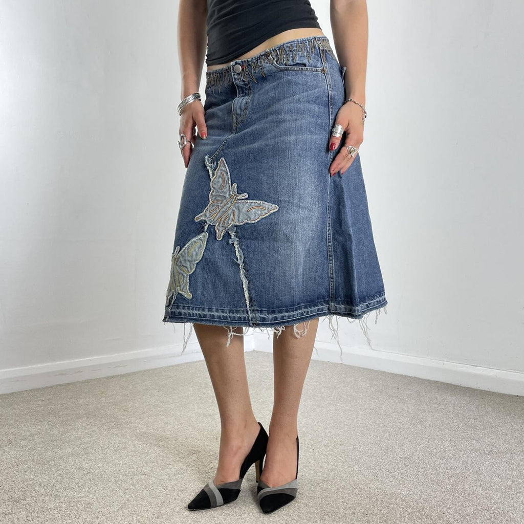 Vintage denim midi embroided butterfly raw hem skirt