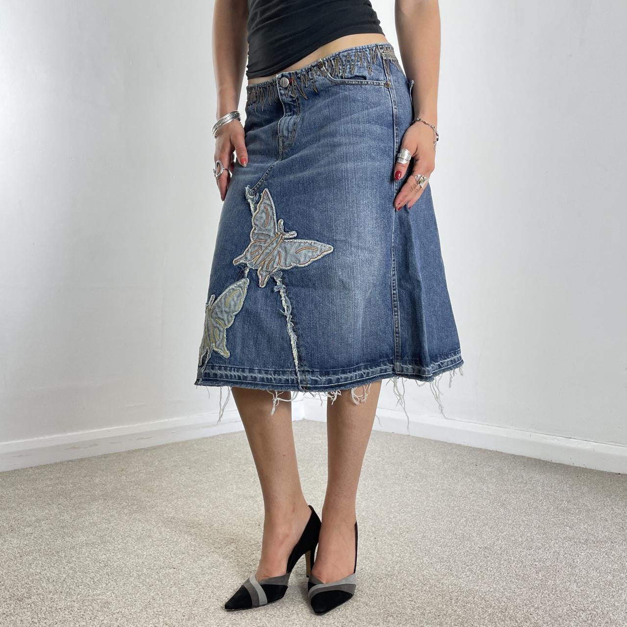 Vintage denim midi embroided butterfly raw hem skirt