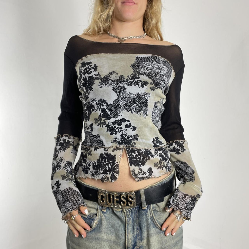 Mesh grey/bluish patterned boat-neck top