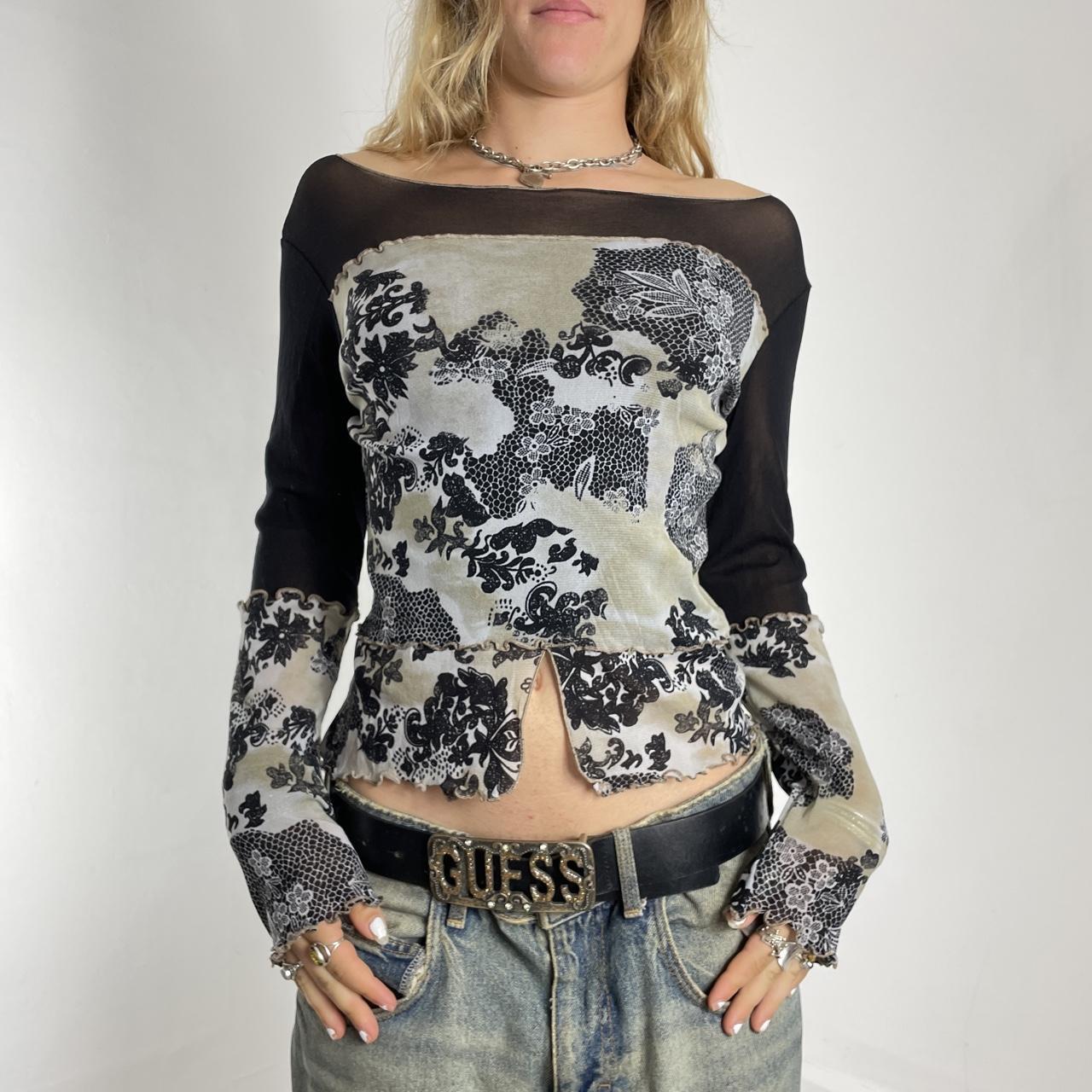 Mesh grey/bluish patterned boat-neck top