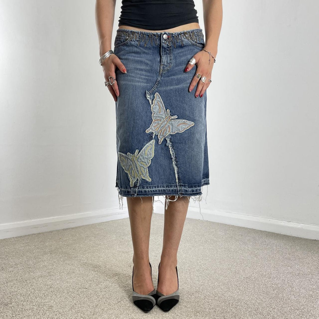 Vintage denim midi embroided butterfly raw hem skirt
