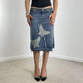 Vintage denim midi embroided butterfly raw hem skirt
