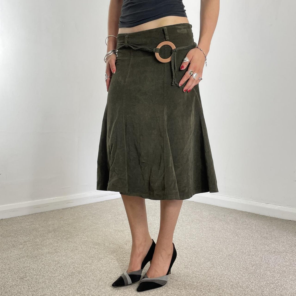 00's kahki cord midi skirt with a belt and wooden loop