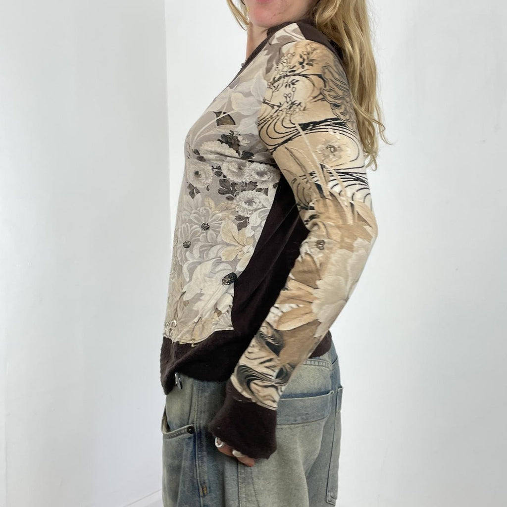 Brown and tan vintage patterned long sleeve top with wool sleeves