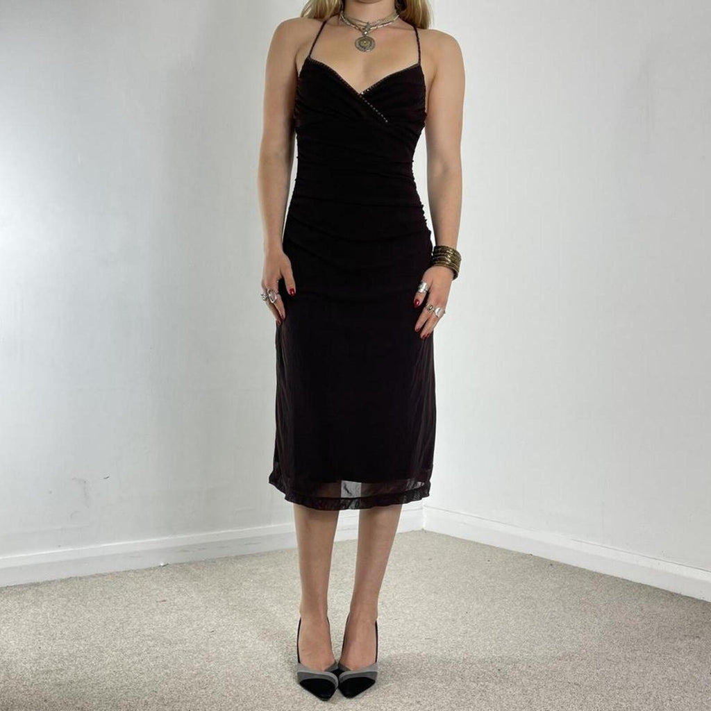 Vintage brown fitted mesh midi dress with sequin embellishments
