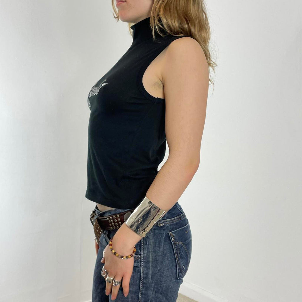 Y2K Silver and black gem Gaudi polar neck tank top