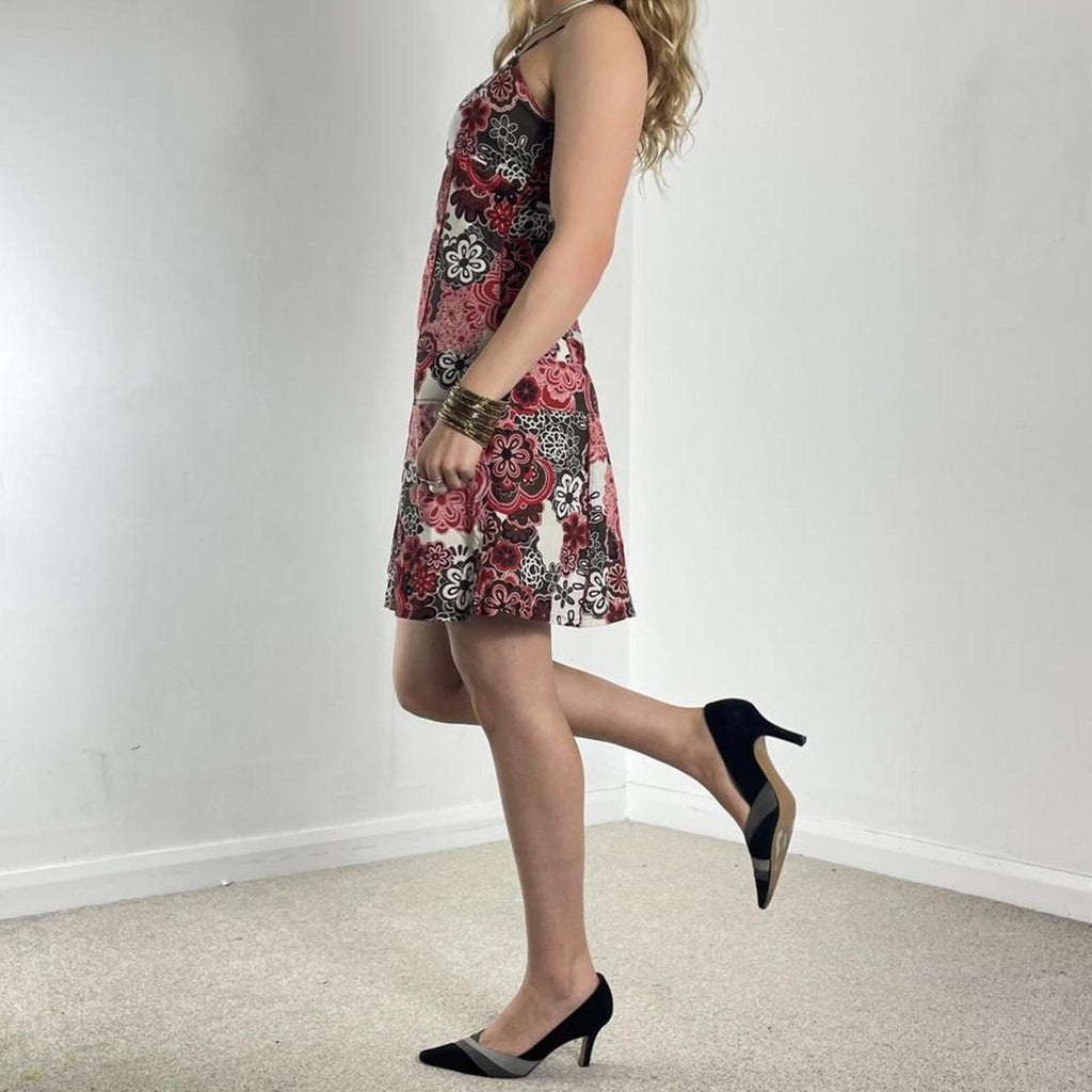 Floral white brown and red patterned mini summer dress