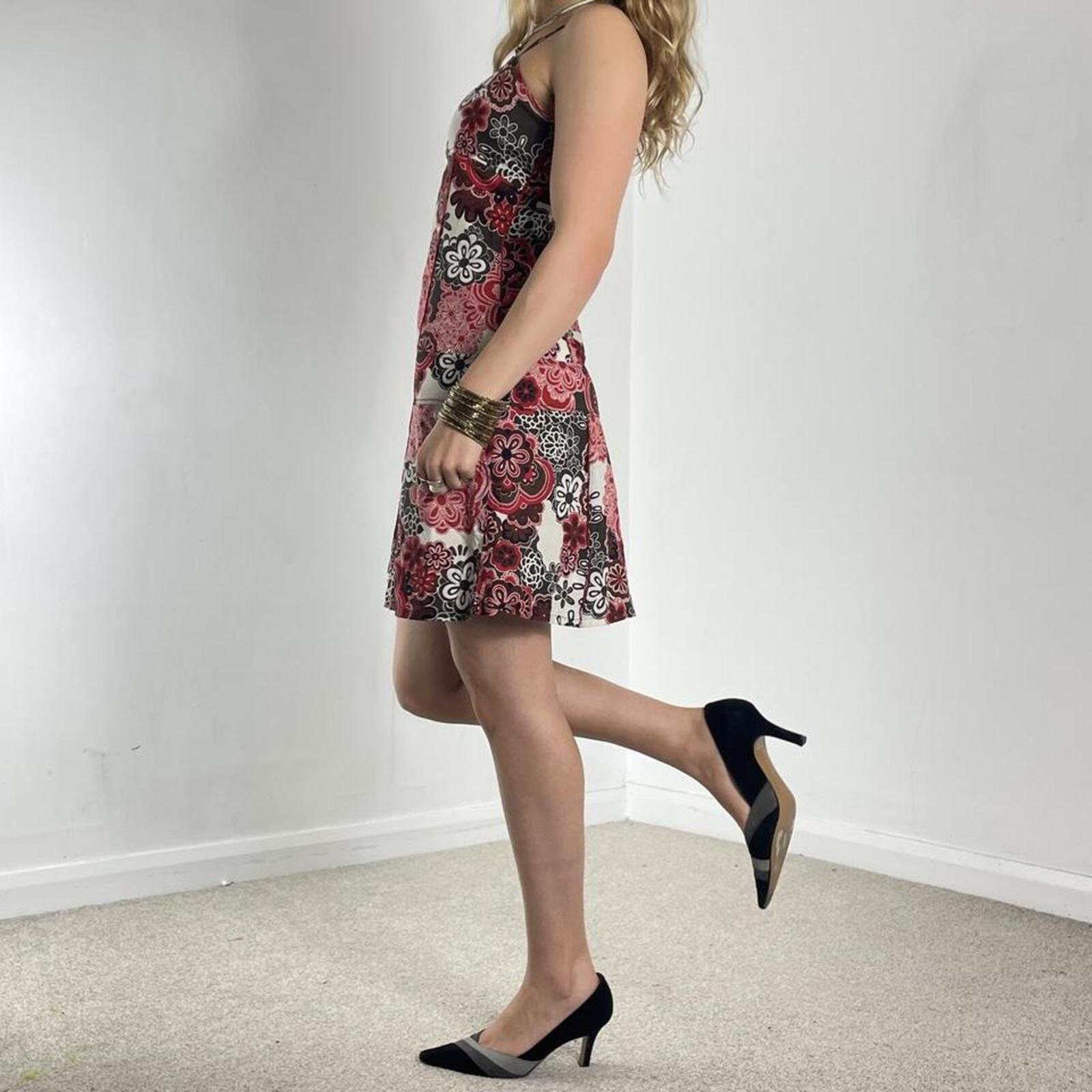 Floral white brown and red patterned mini summer dress
