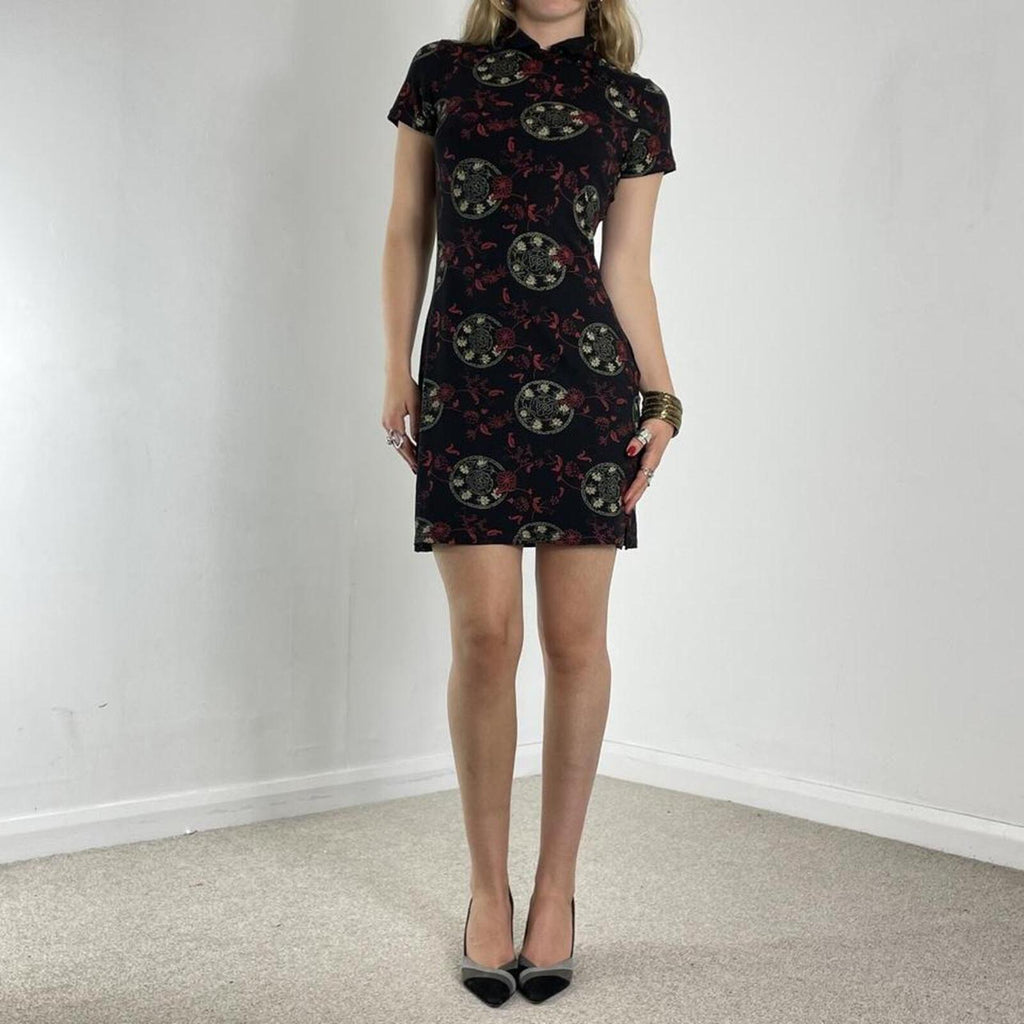 Black high-neck midi dress with print