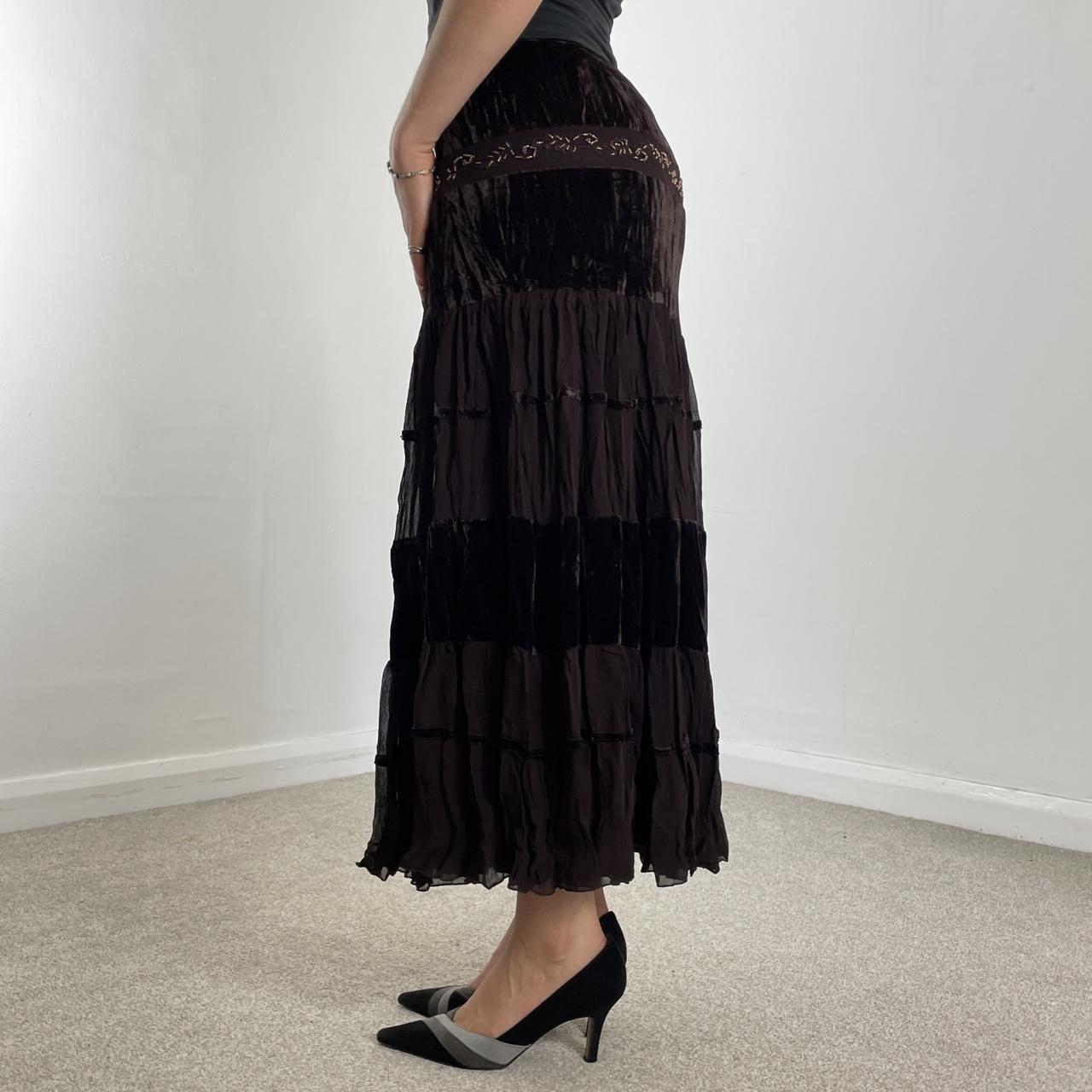 Tiered brown flowy lace and velvet maxi skirt