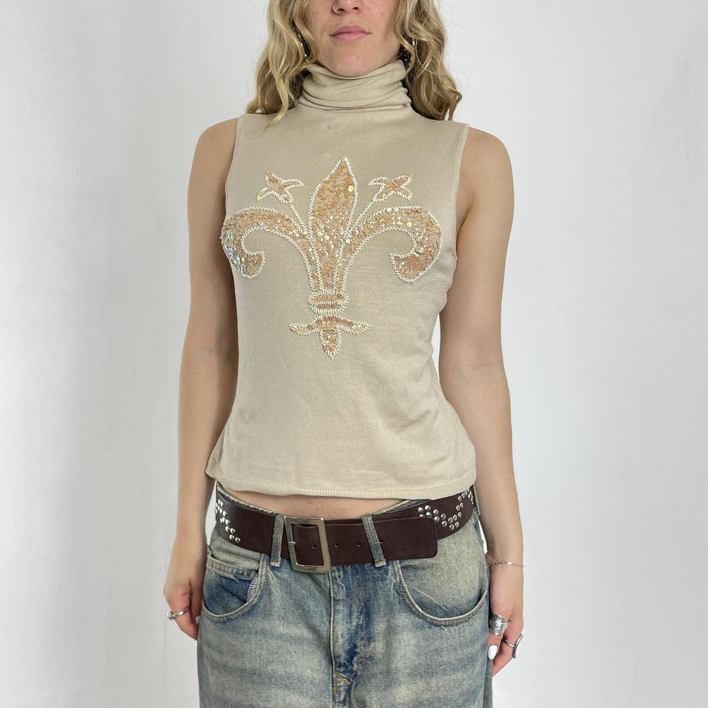 Cream beaded polar neck cotton top