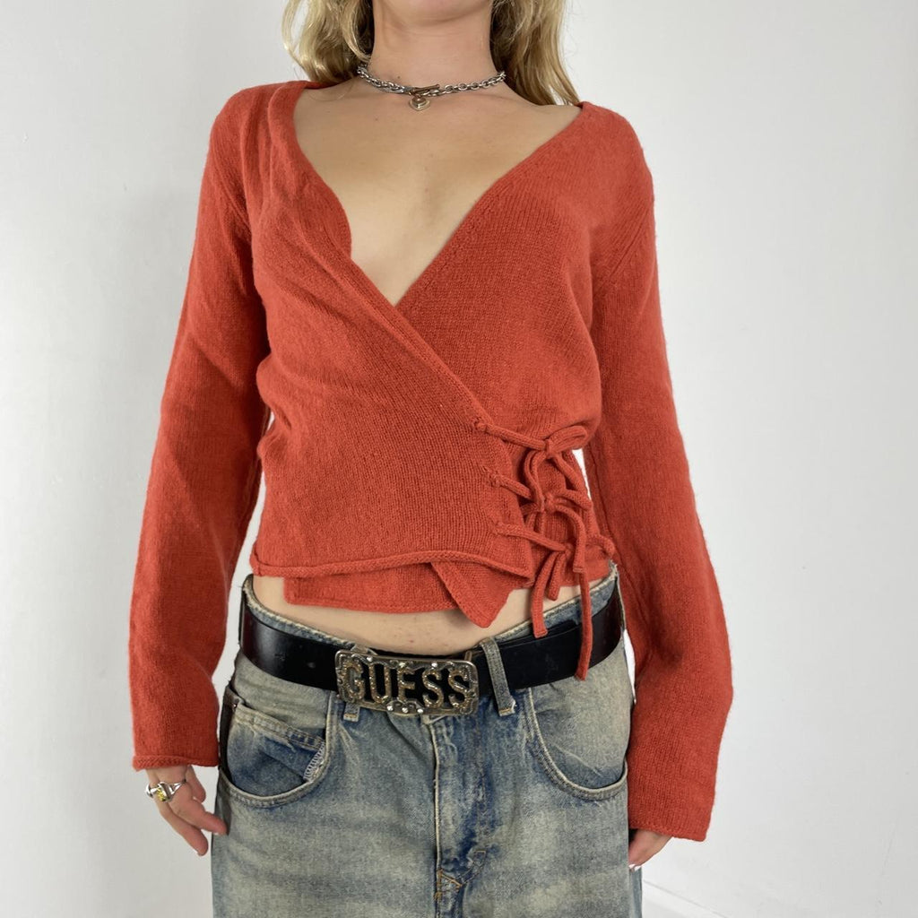 Burnt orange wool v neck long sleeve wrap jumper