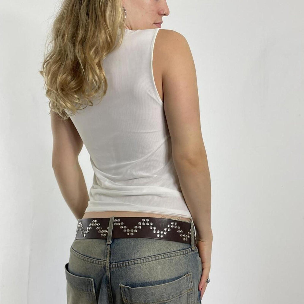 Fitted sequined v neck white tank top