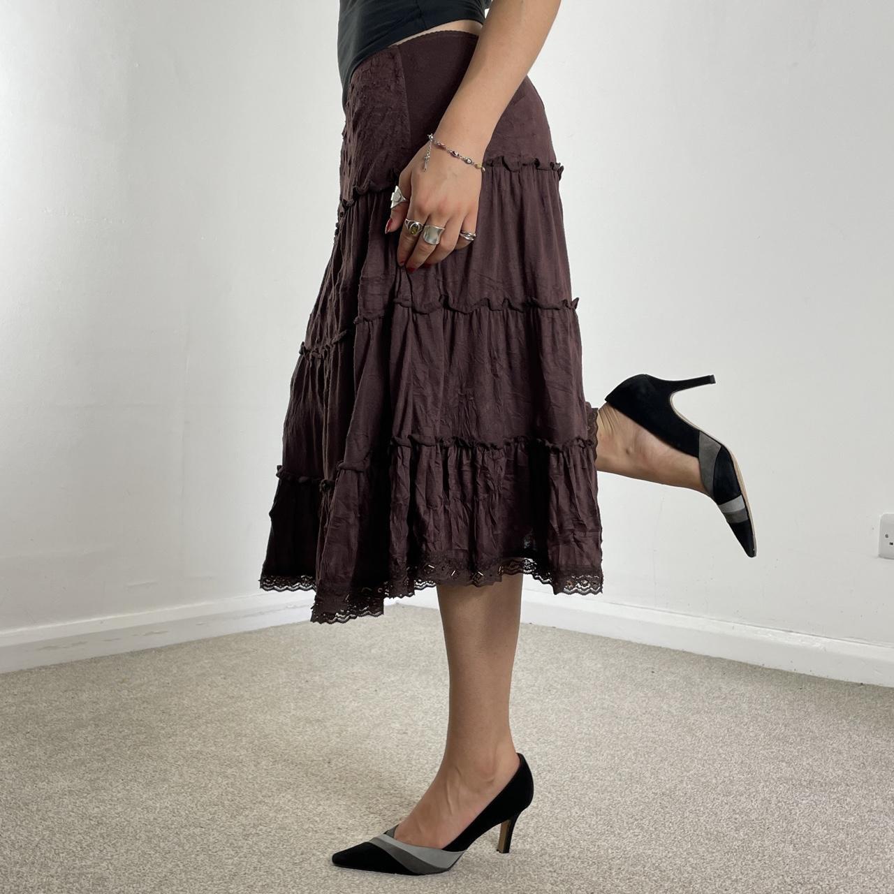 00's brown teird midi skirt with lace trimming