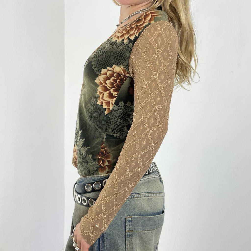 Vintage long sleeve floral print top with cream lace sleeves