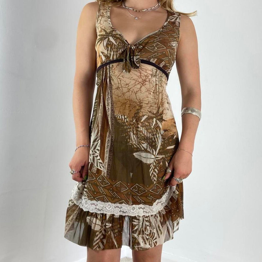 Bohemian midi multi patterened brown dress with a plunge neckline