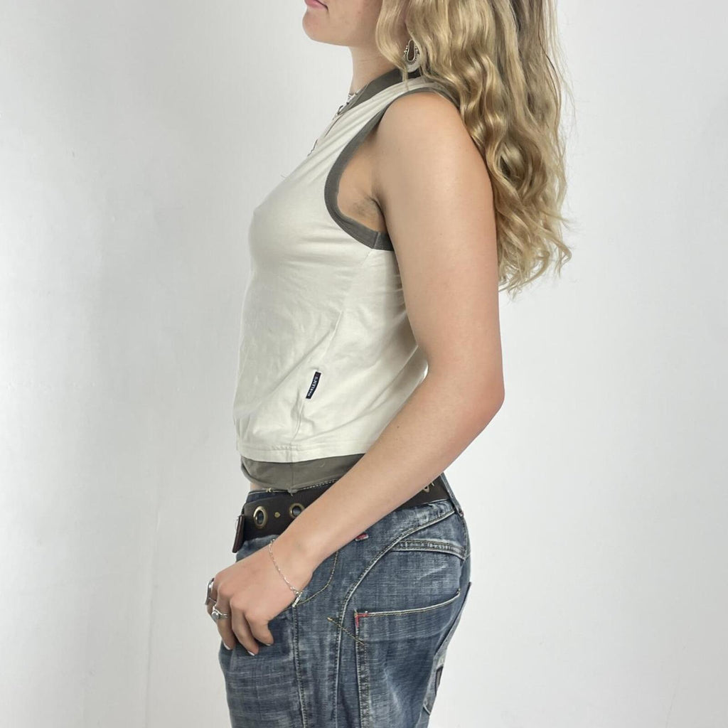 Tan and green graphic double layer tank top