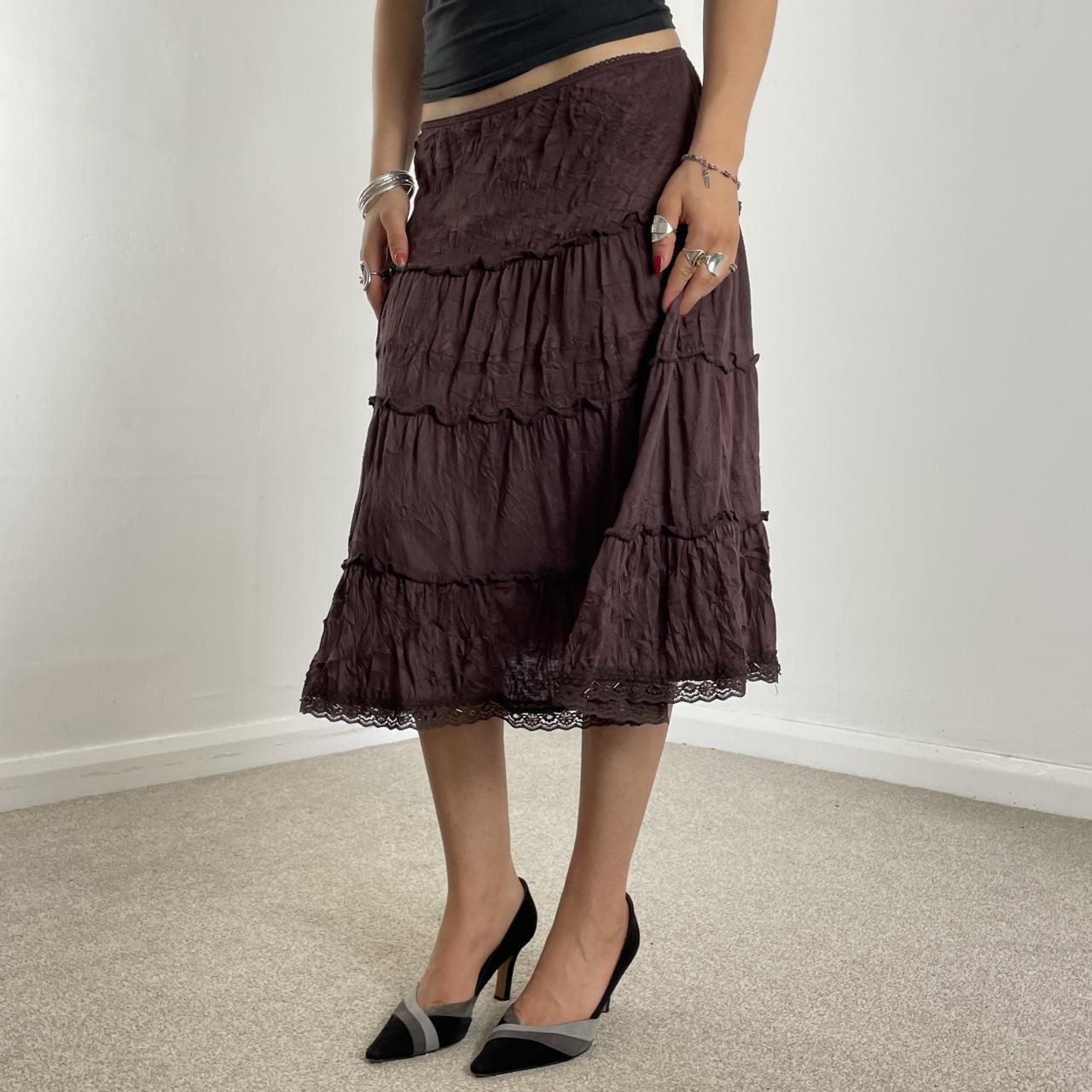 00's brown teird midi skirt with lace trimming