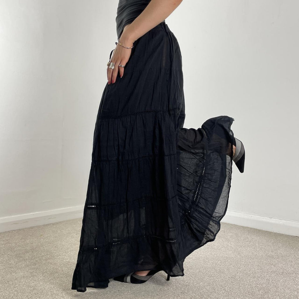 Vintage full length teired black maxi skirt, double layered