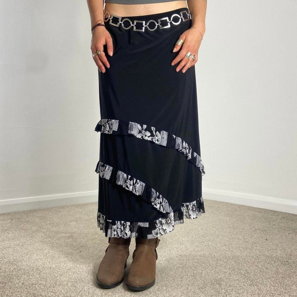 Vintage black and white maxi skirt with a floral white wrap around lettuce hem!