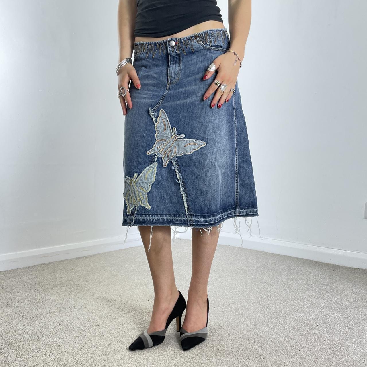 Vintage denim midi embroided butterfly raw hem skirt