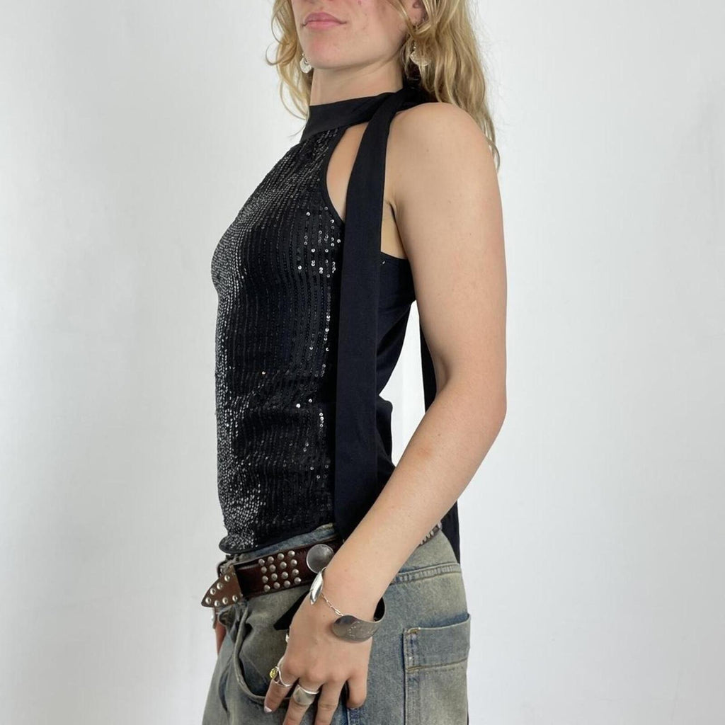 Black sequin polar neck top with a necktie !!