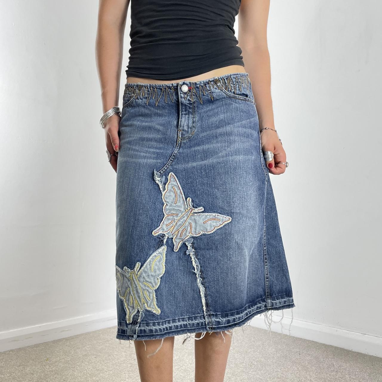 Vintage denim midi embroided butterfly raw hem skirt