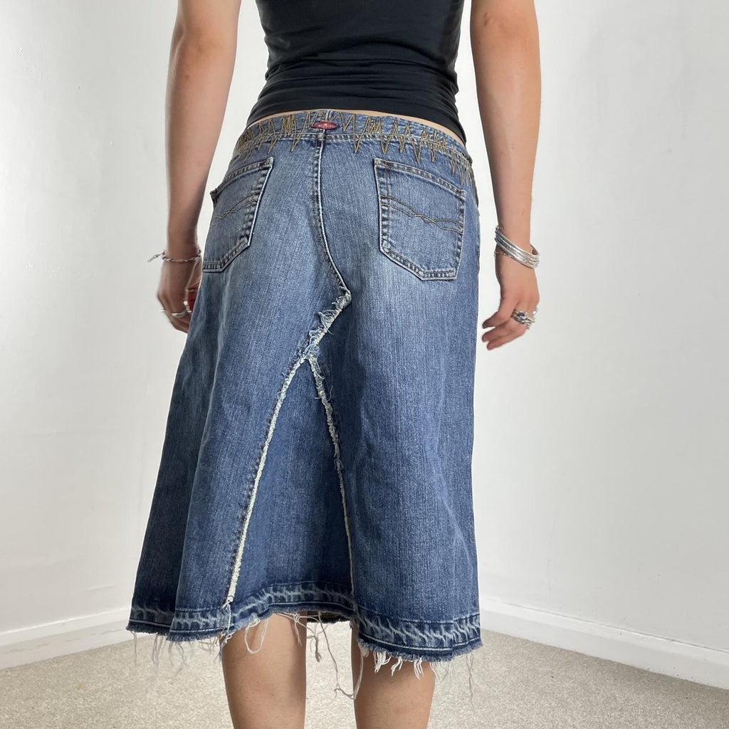 Vintage denim midi embroided butterfly raw hem skirt