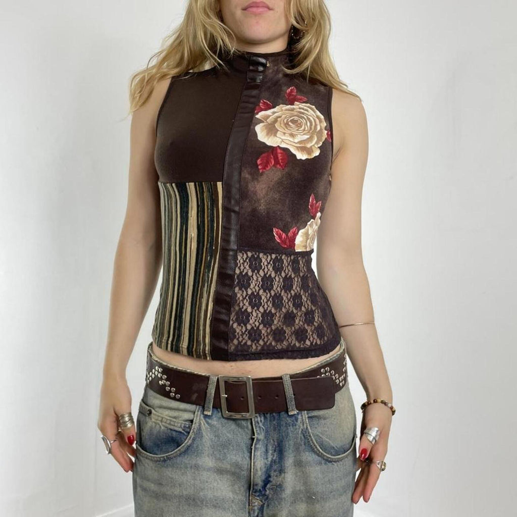 Brown panelled lace, floral turtle neck top