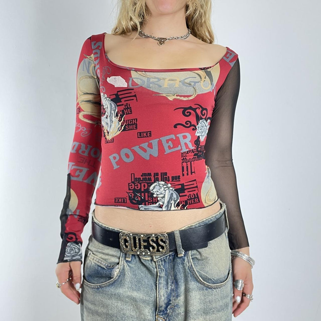 Graphic black and red long sleeve mesh top