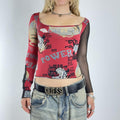 Graphic black and red long sleeve mesh top