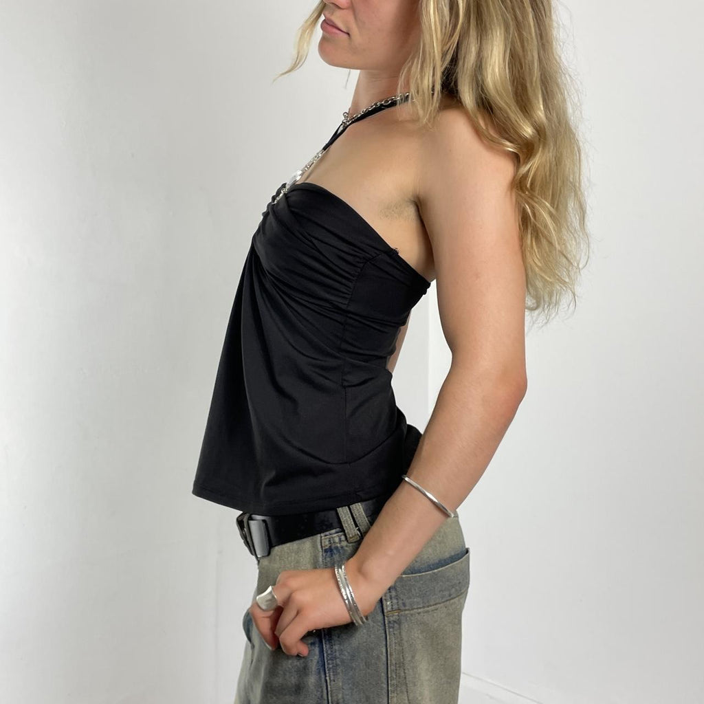 Black Y2k bubble bandeau halterneck top with gems