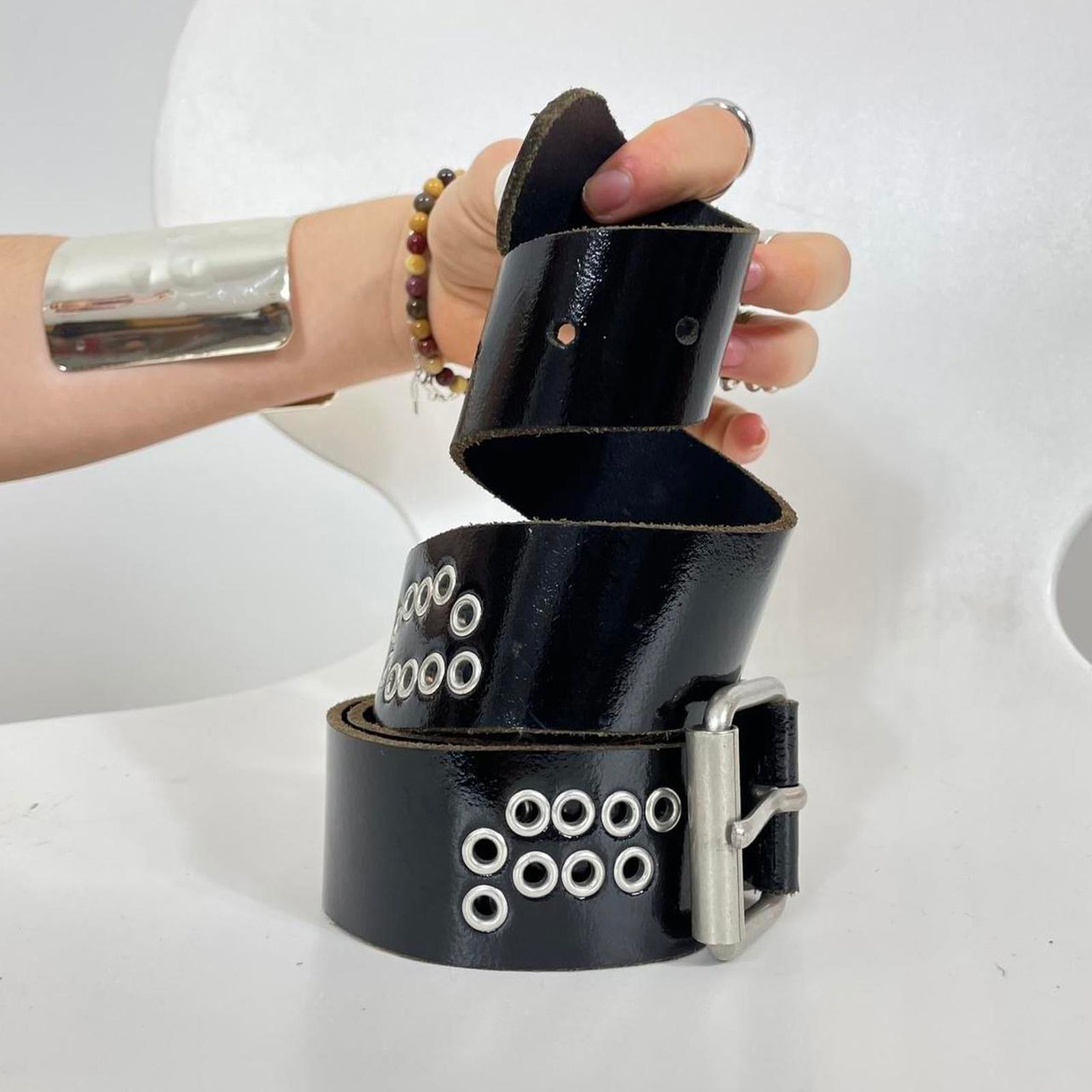 Y2k black studded belt with silver buckle