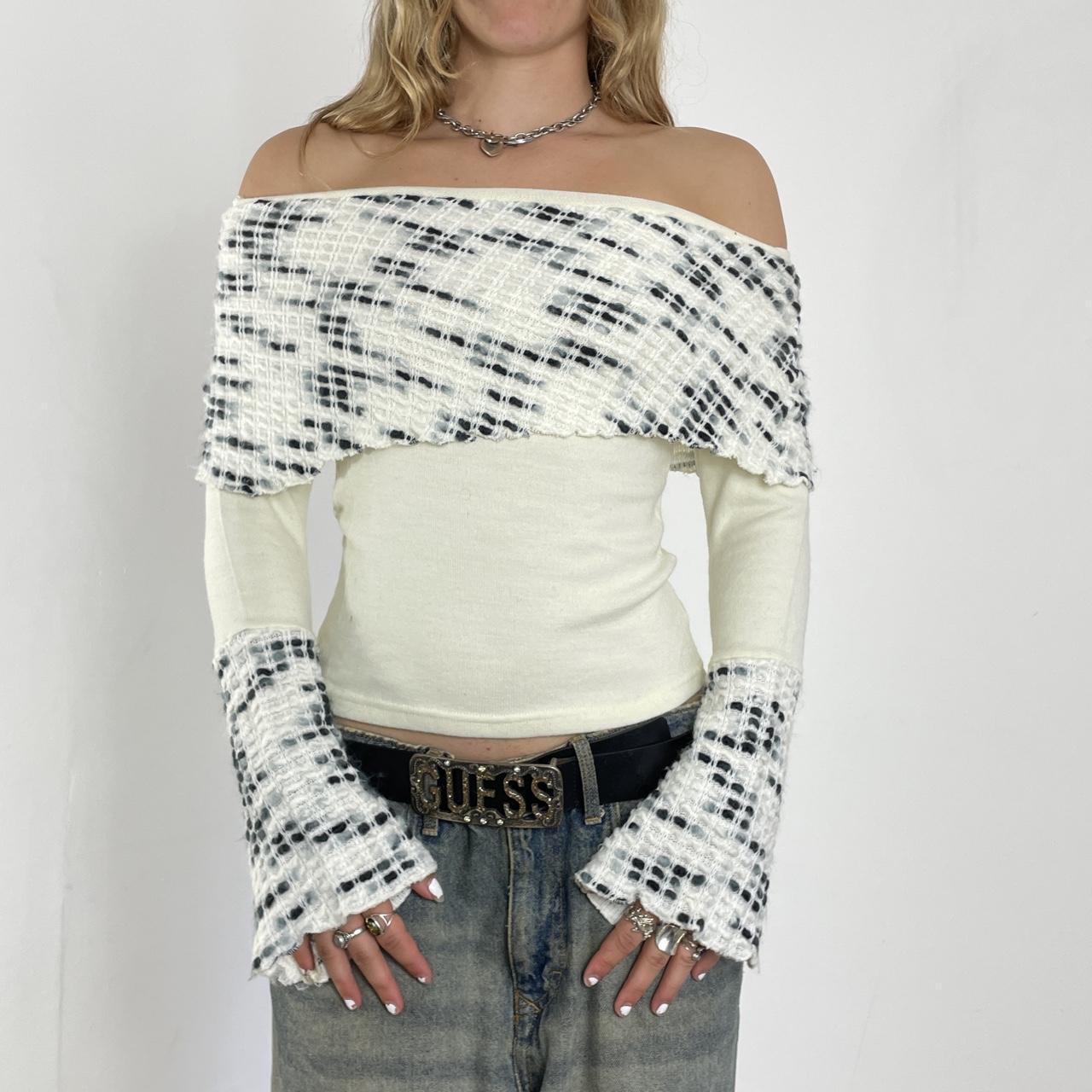 White and black vintage off-the-shoulder knit long-sleeve top