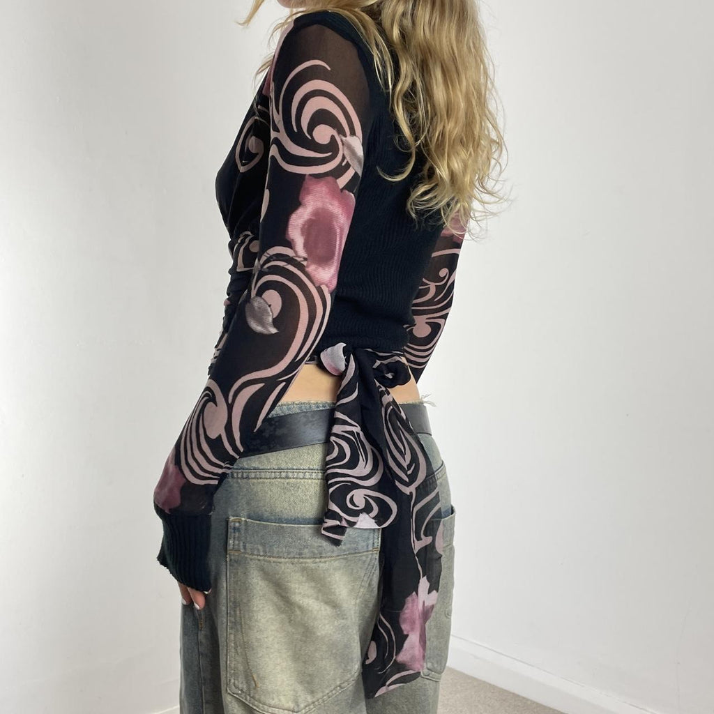 Graphic long-sleeve mesh tie-up top