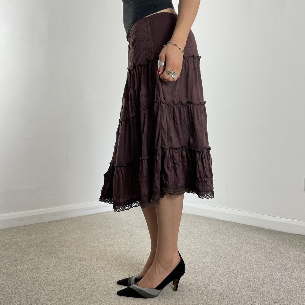 00's brown teird midi skirt with lace trimming