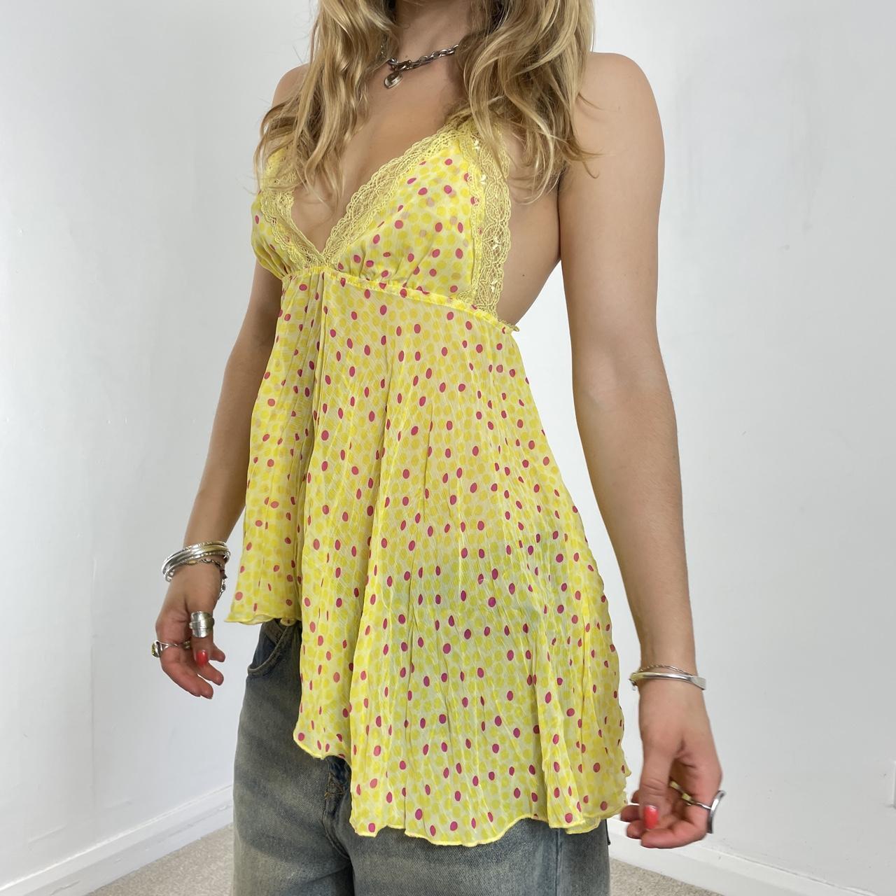 y2k asymetrical yellow and red polka dotted lace cami top