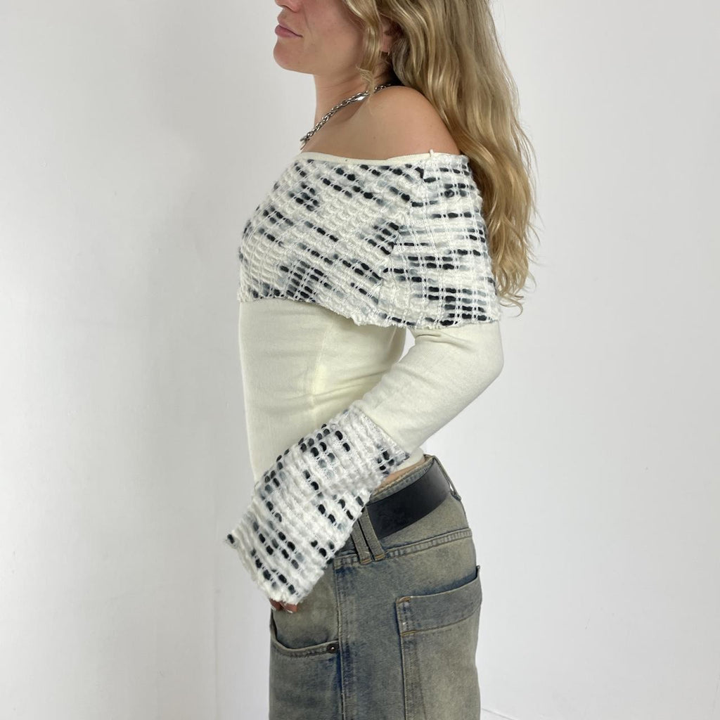 White and black vintage off-the-shoulder knit long-sleeve top