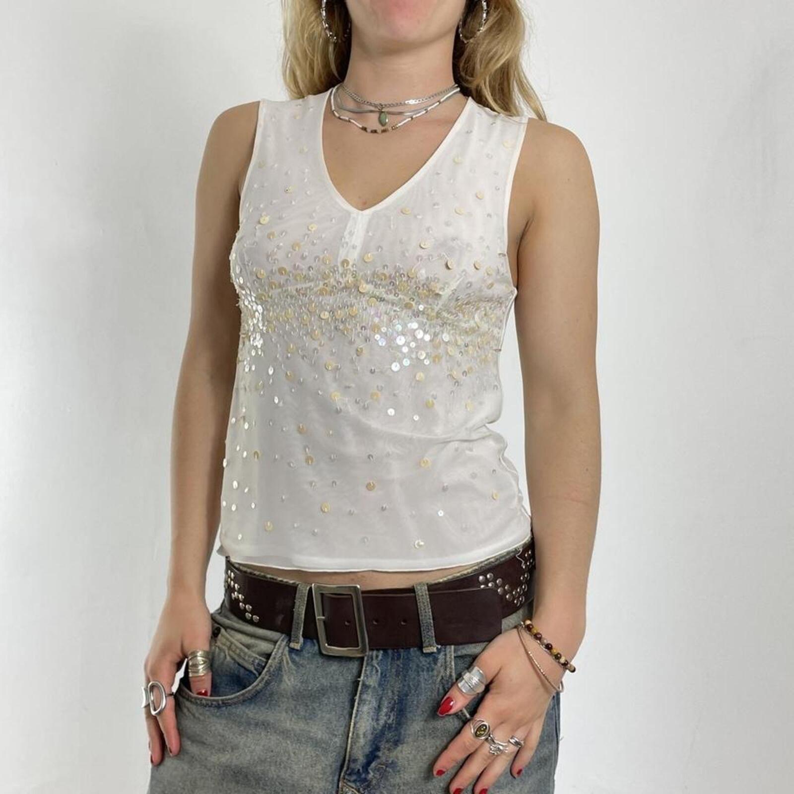 Fitted sequined v neck white tank top