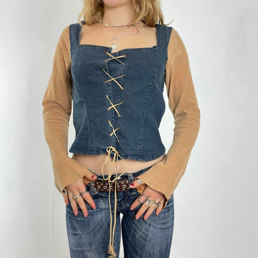 Denim and suede mustard long sleeve tie up top