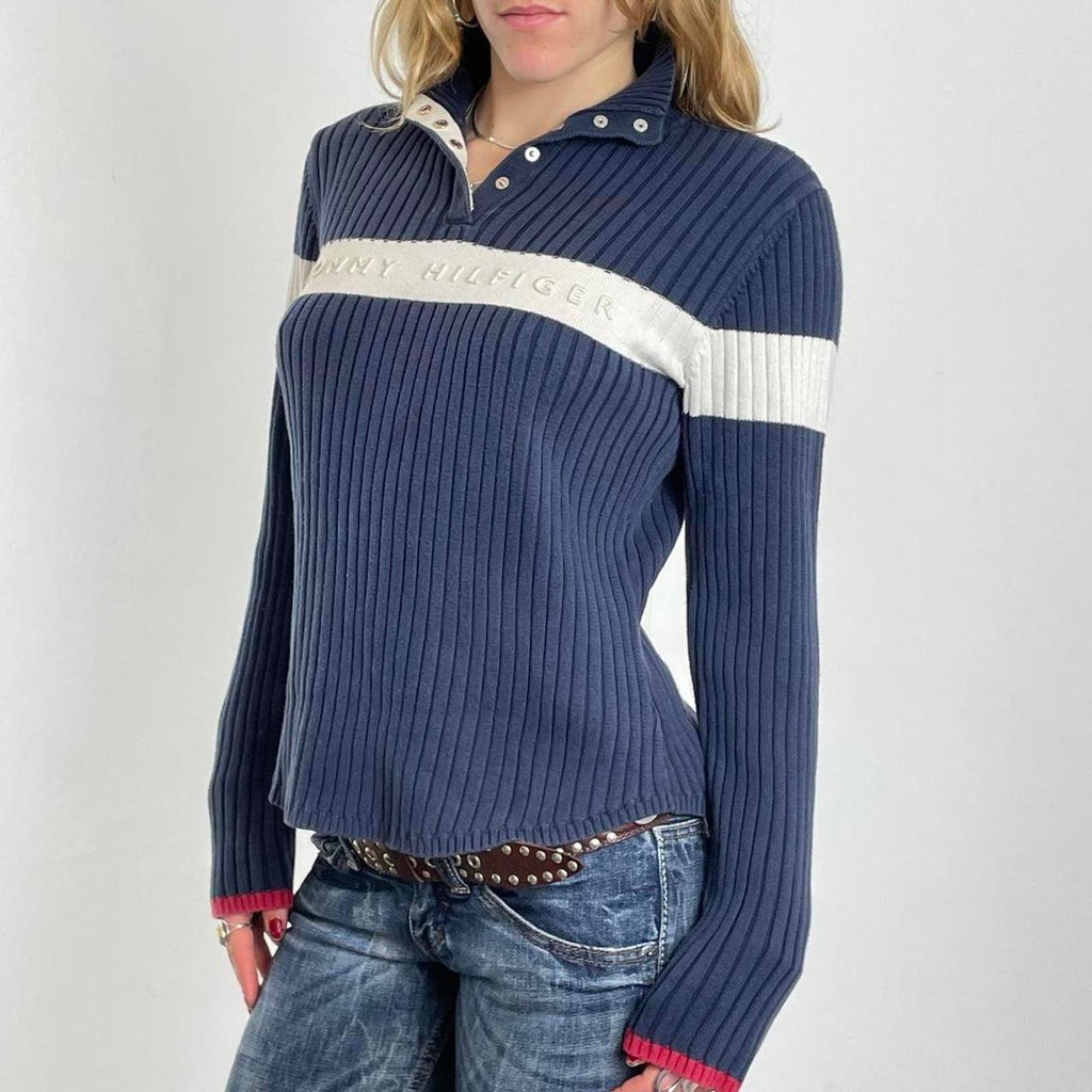 00's navy and white ribbed Tommy Hilfiger spell out button up knit
