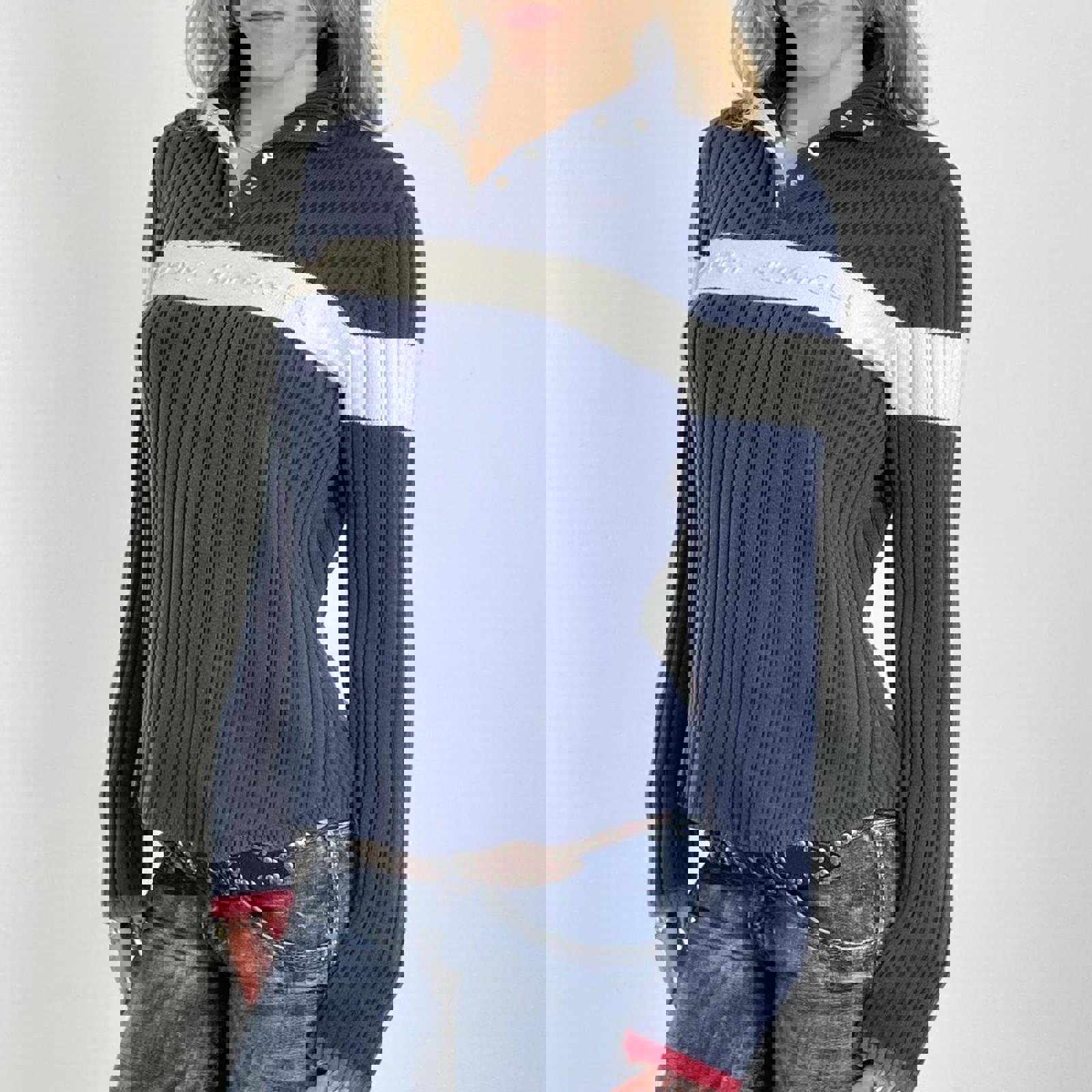 00's navy and white ribbed Tommy Hilfiger spell out button up knit