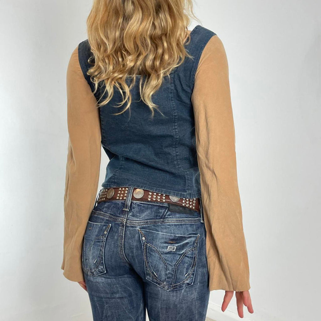 Denim and suede mustard long sleeve tie up top