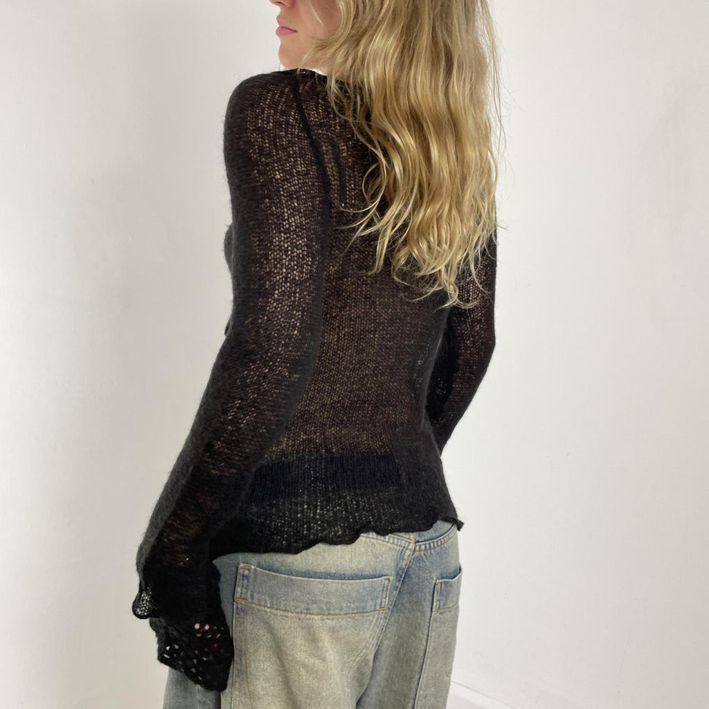 Black wool avant-garde flared long-sleeve top/jumper